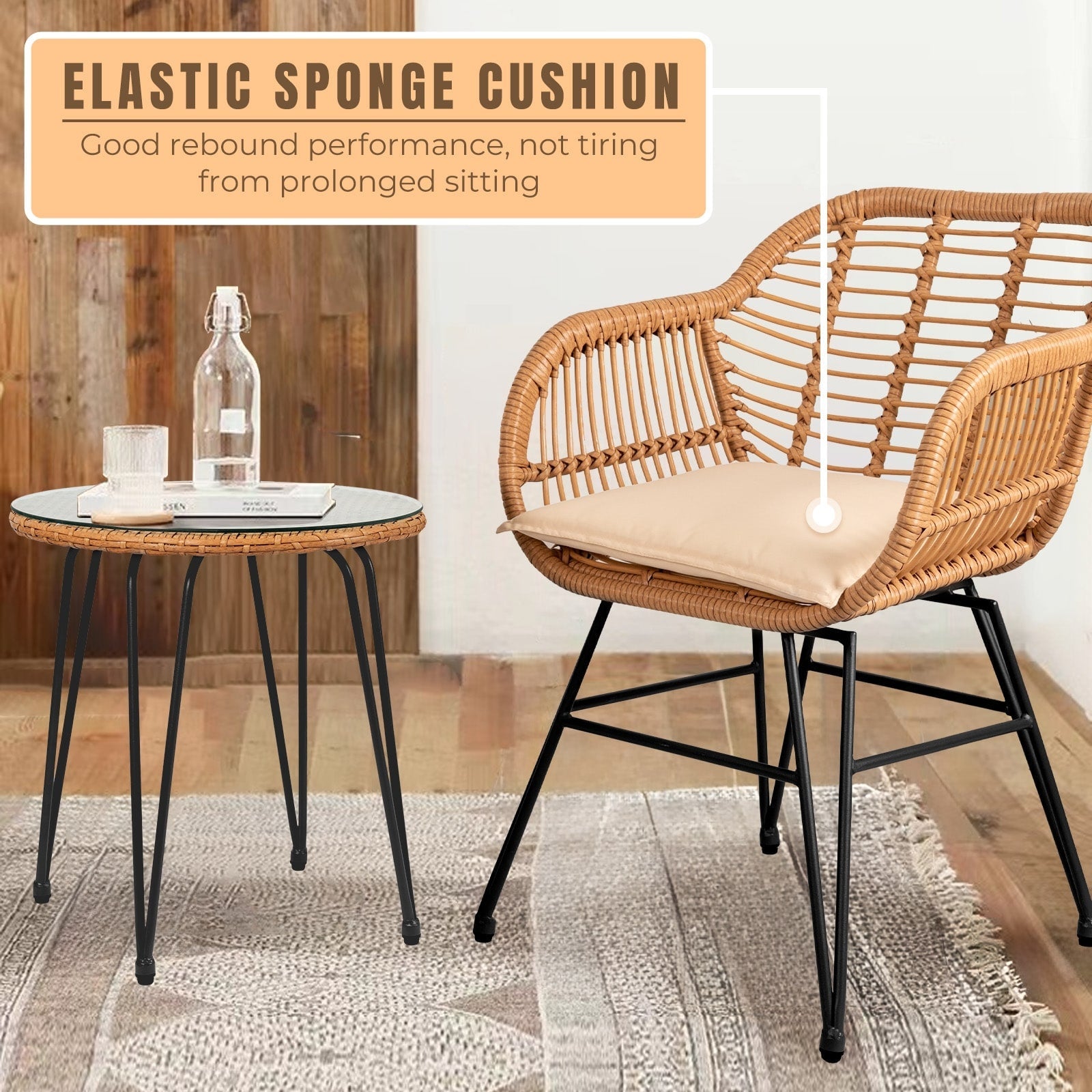 Ensemble de 3 chaises de jardin en osier avec coussins pour terrasse, piscine, jardin et véranda - 21,2 L x 23,6 l x 31,5 H