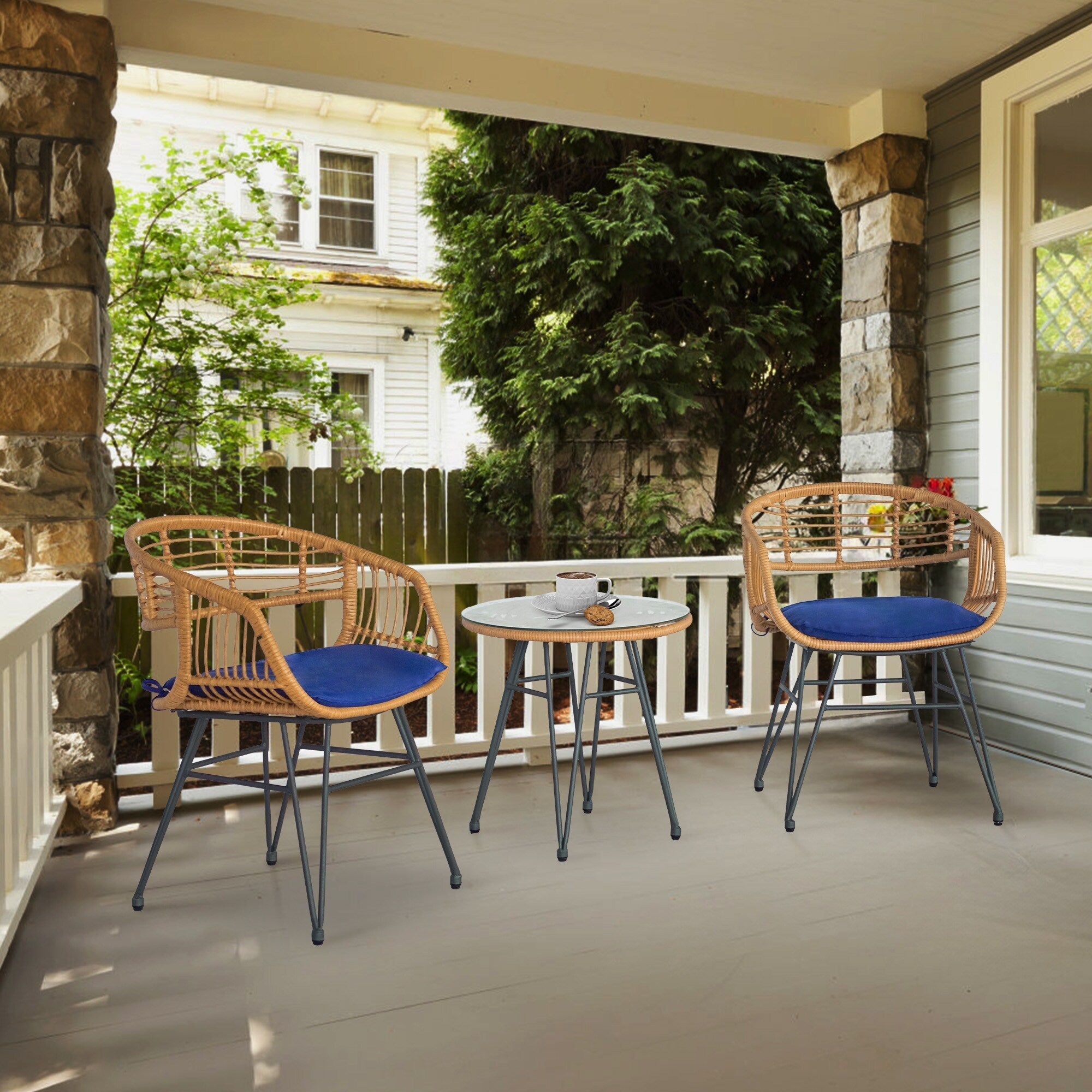 Ensemble de 3 chaises de jardin en osier avec coussins pour terrasse, piscine, jardin et véranda - 21,2 L x 23,6 l x 31,5 H