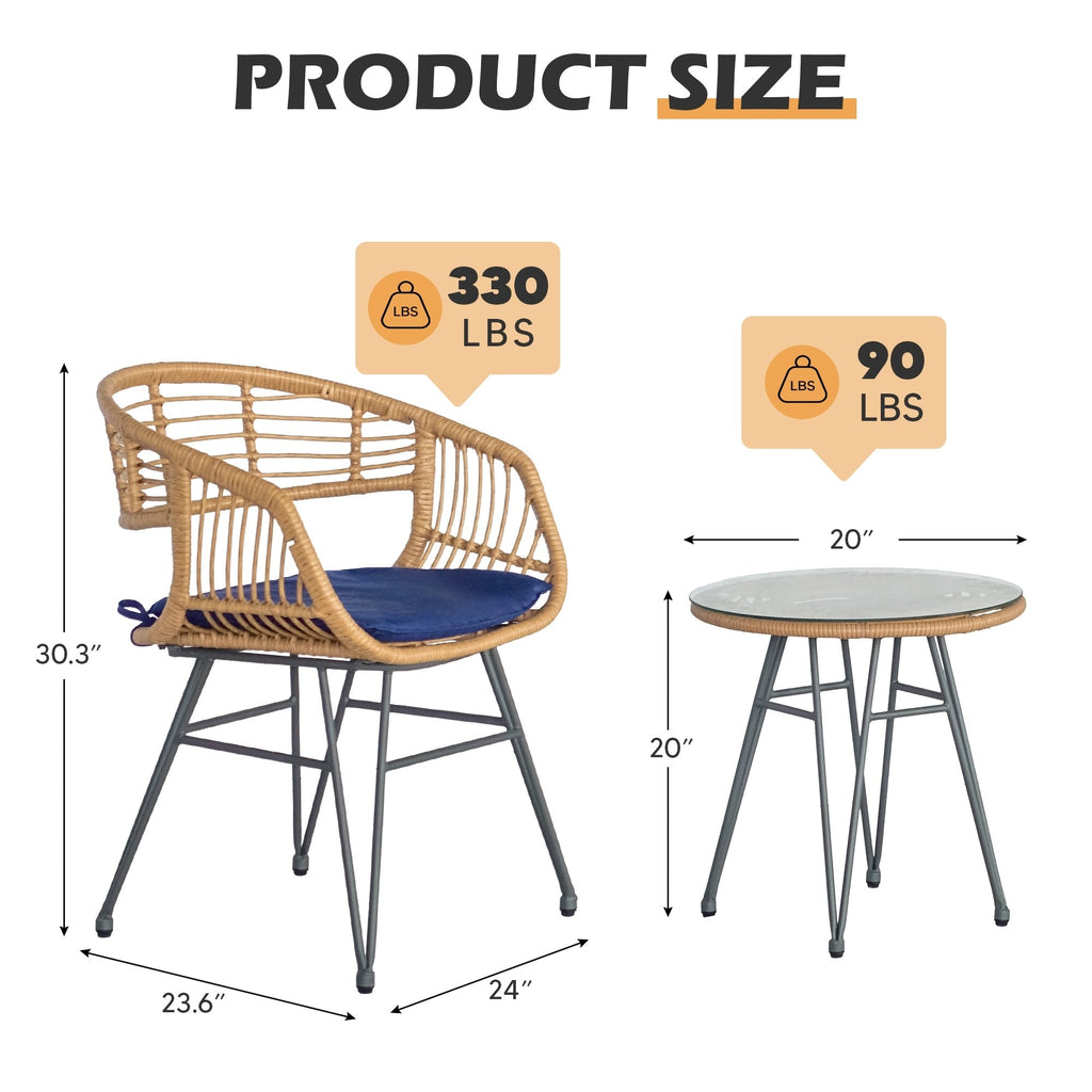 Ensemble de 3 chaises de jardin en osier avec coussins pour terrasse, piscine, jardin et véranda - 21,2 L x 23,6 l x 31,5 H