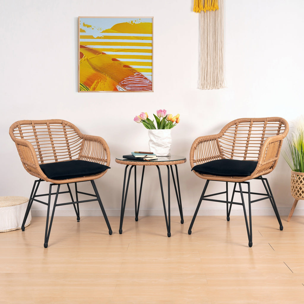 Ensemble de 3 chaises de jardin en osier avec coussins pour terrasse, piscine, jardin et véranda - 21,2 L x 23,6 l x 31,5 H