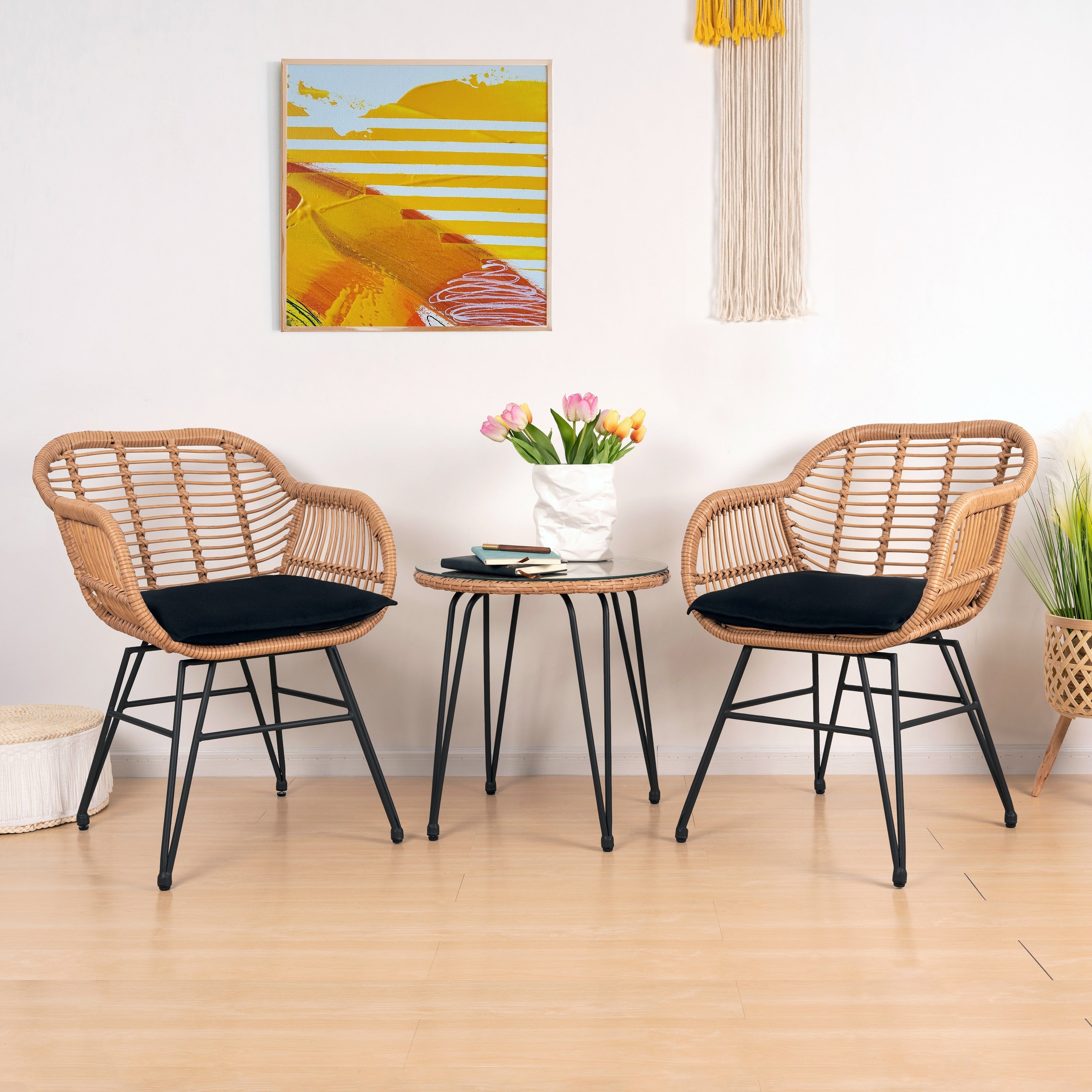 Ensemble de 3 chaises de jardin en osier avec coussins pour terrasse, piscine, jardin et véranda - 21,2 L x 23,6 l x 31,5 H