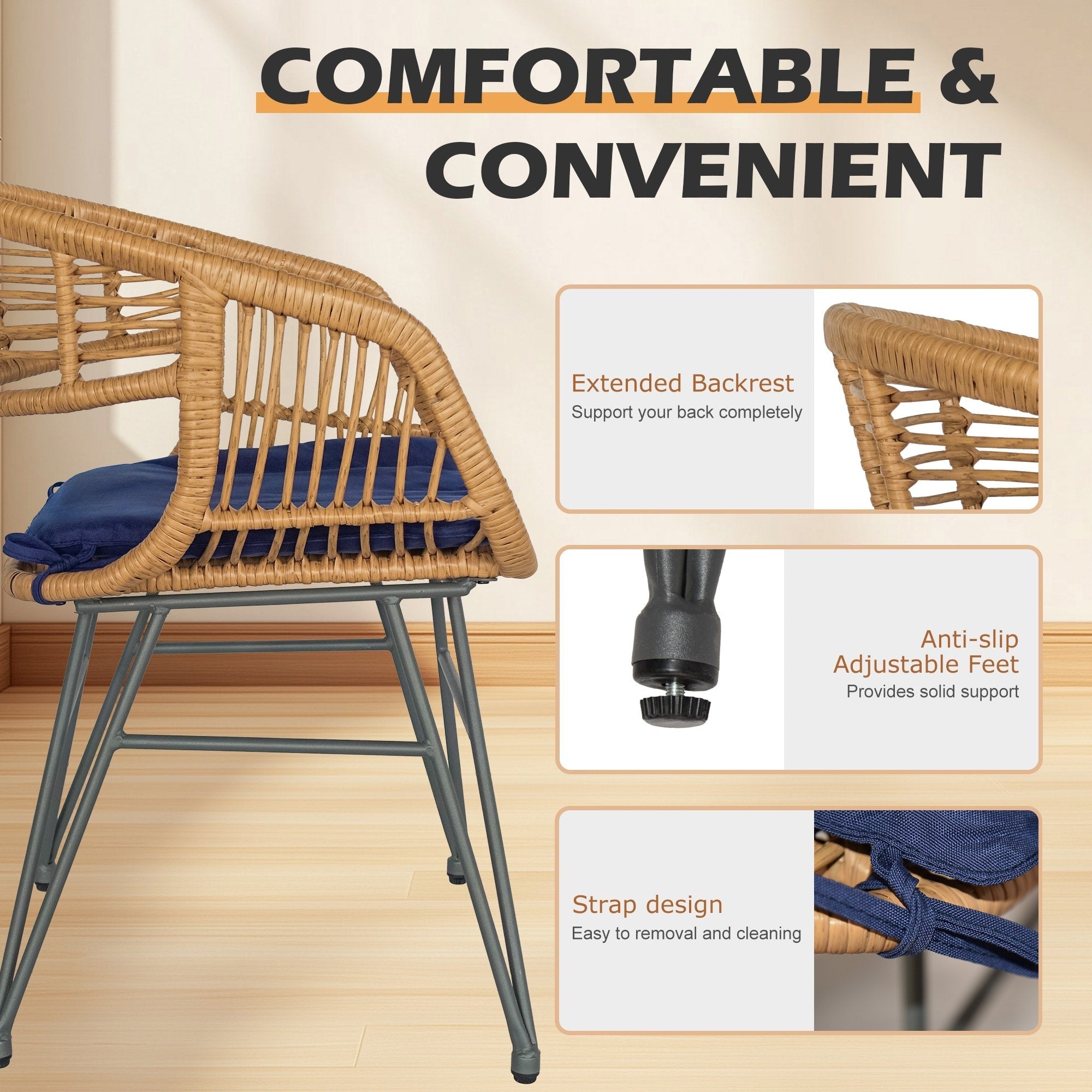 Ensemble de 3 chaises de jardin en osier avec coussins pour terrasse, piscine, jardin et véranda - 21,2 L x 23,6 l x 31,5 H