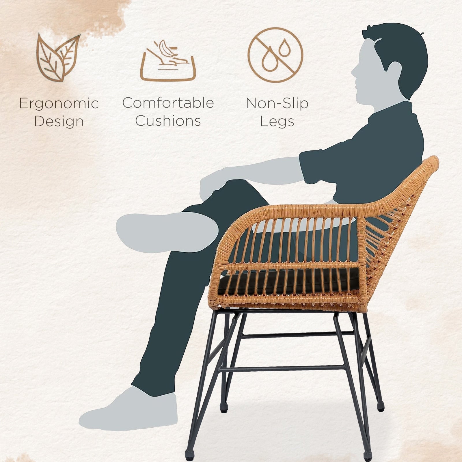 Ensemble de 3 chaises de jardin en osier avec coussins pour terrasse, piscine, jardin et véranda - 21,2 L x 23,6 l x 31,5 H