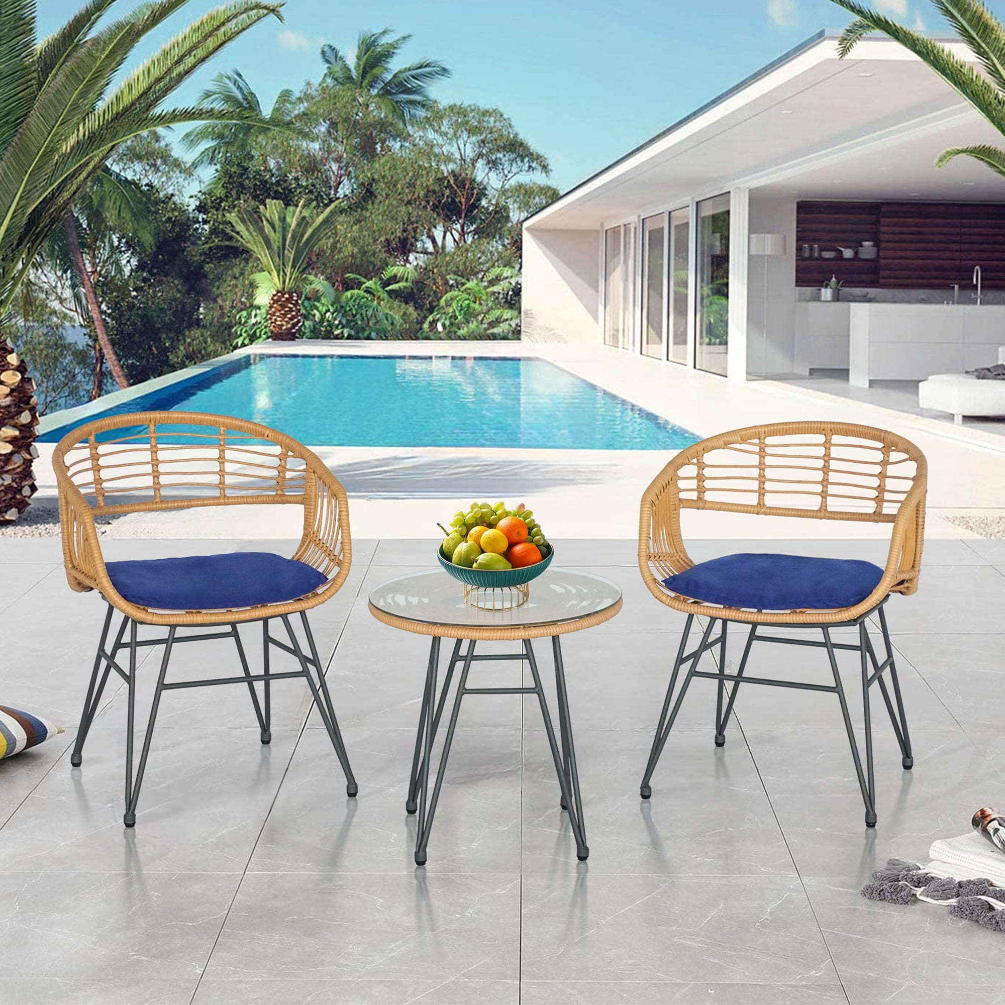 Ensemble de 3 chaises de jardin en osier avec coussins pour terrasse, piscine, jardin et véranda - 21,2 L x 23,6 l x 31,5 H