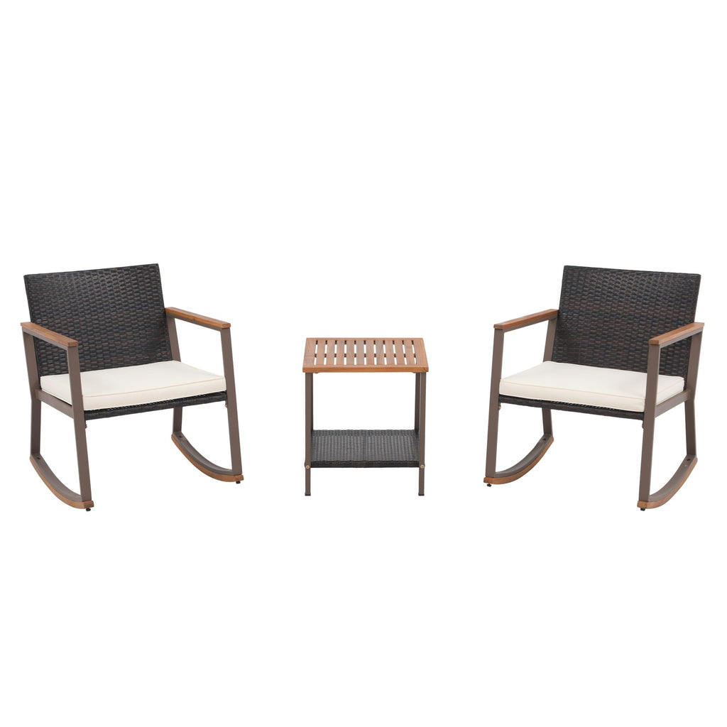 Ensemble de 3 chaises à bascule d'extérieur en osier avec coussins