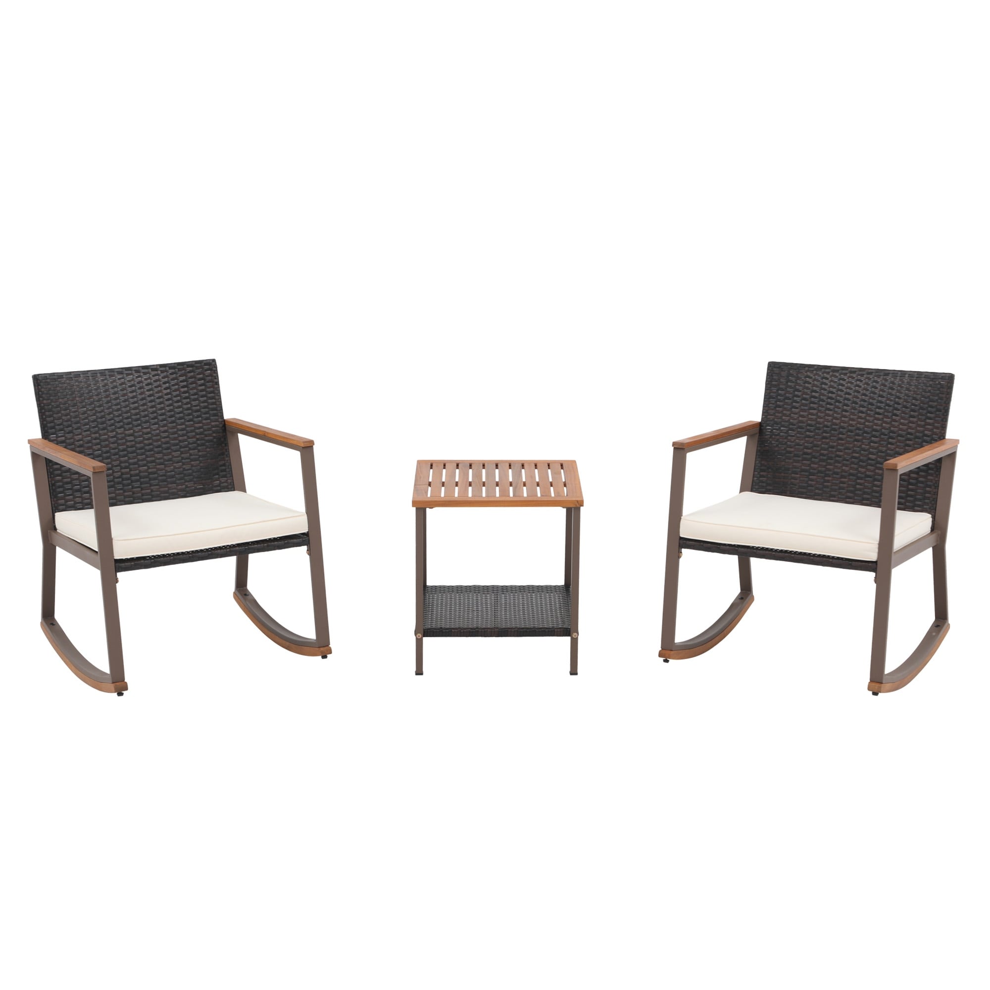 Ensemble de 3 chaises à bascule d'extérieur en osier avec coussins