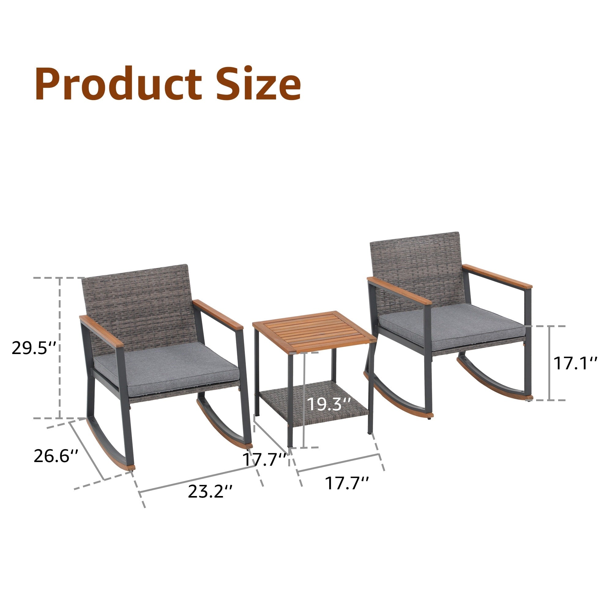 Ensemble de 3 chaises à bascule d'extérieur en osier avec coussins