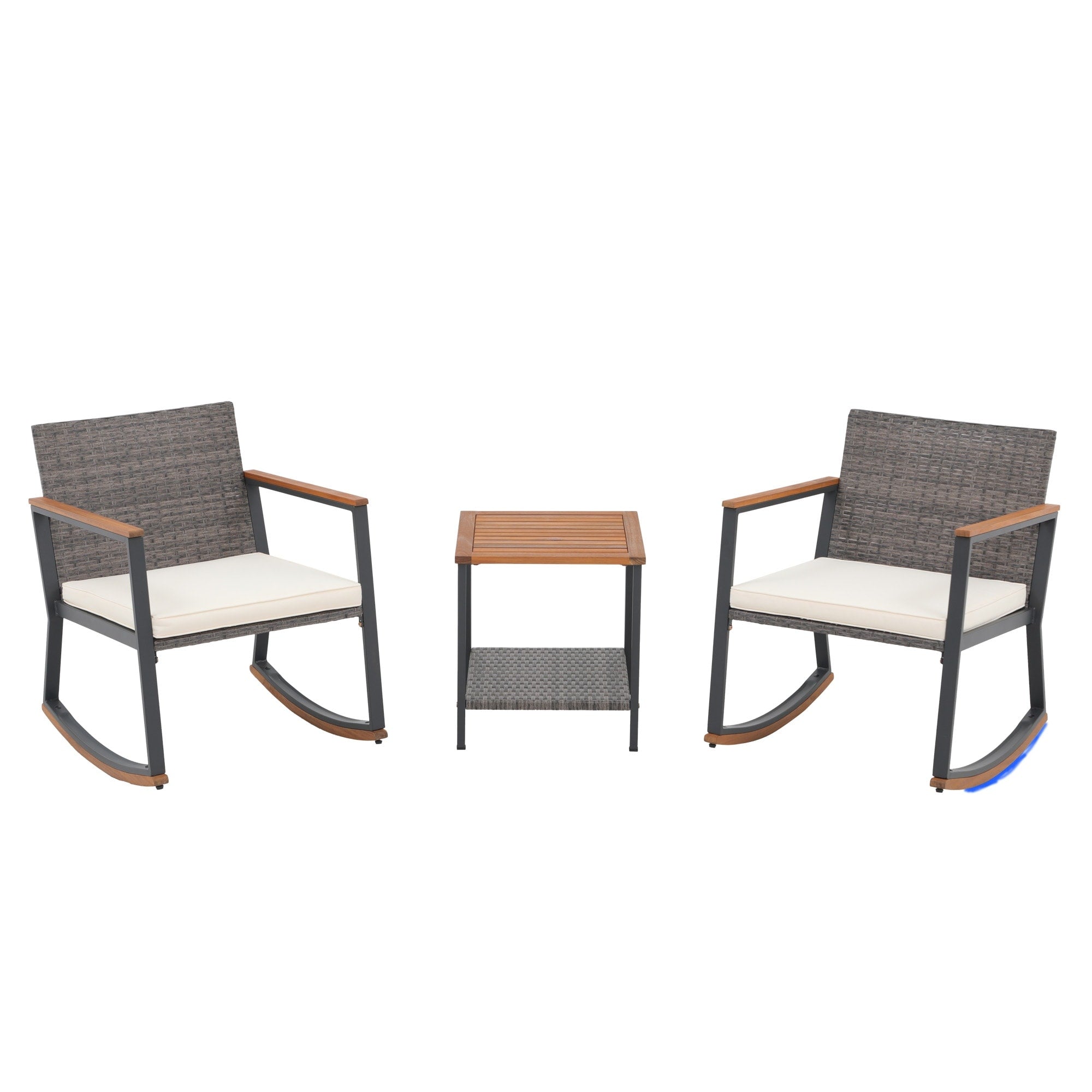 Ensemble de 3 chaises à bascule d'extérieur en osier avec coussins