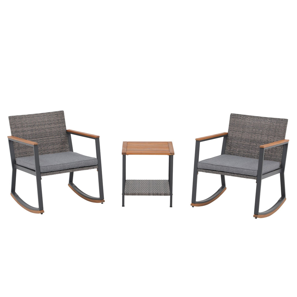 Ensemble de 3 chaises à bascule d'extérieur en osier avec coussins