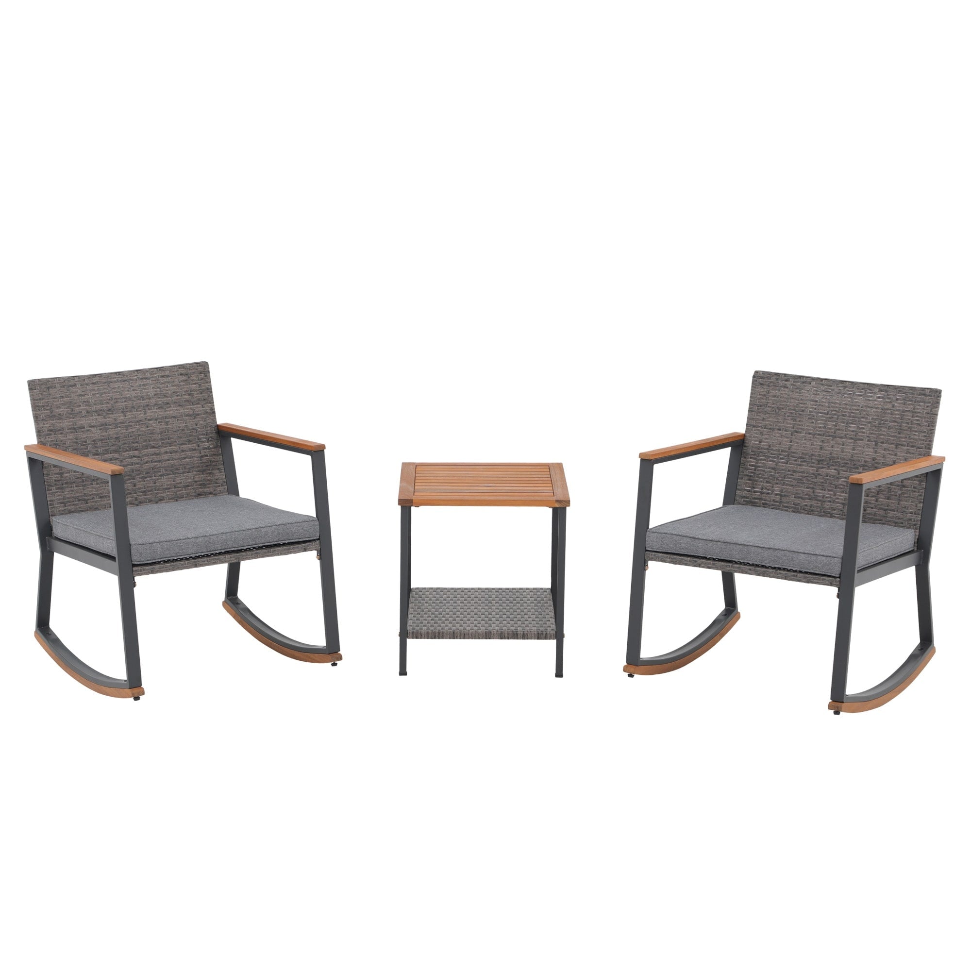 Ensemble de 3 chaises à bascule d'extérieur en osier avec coussins