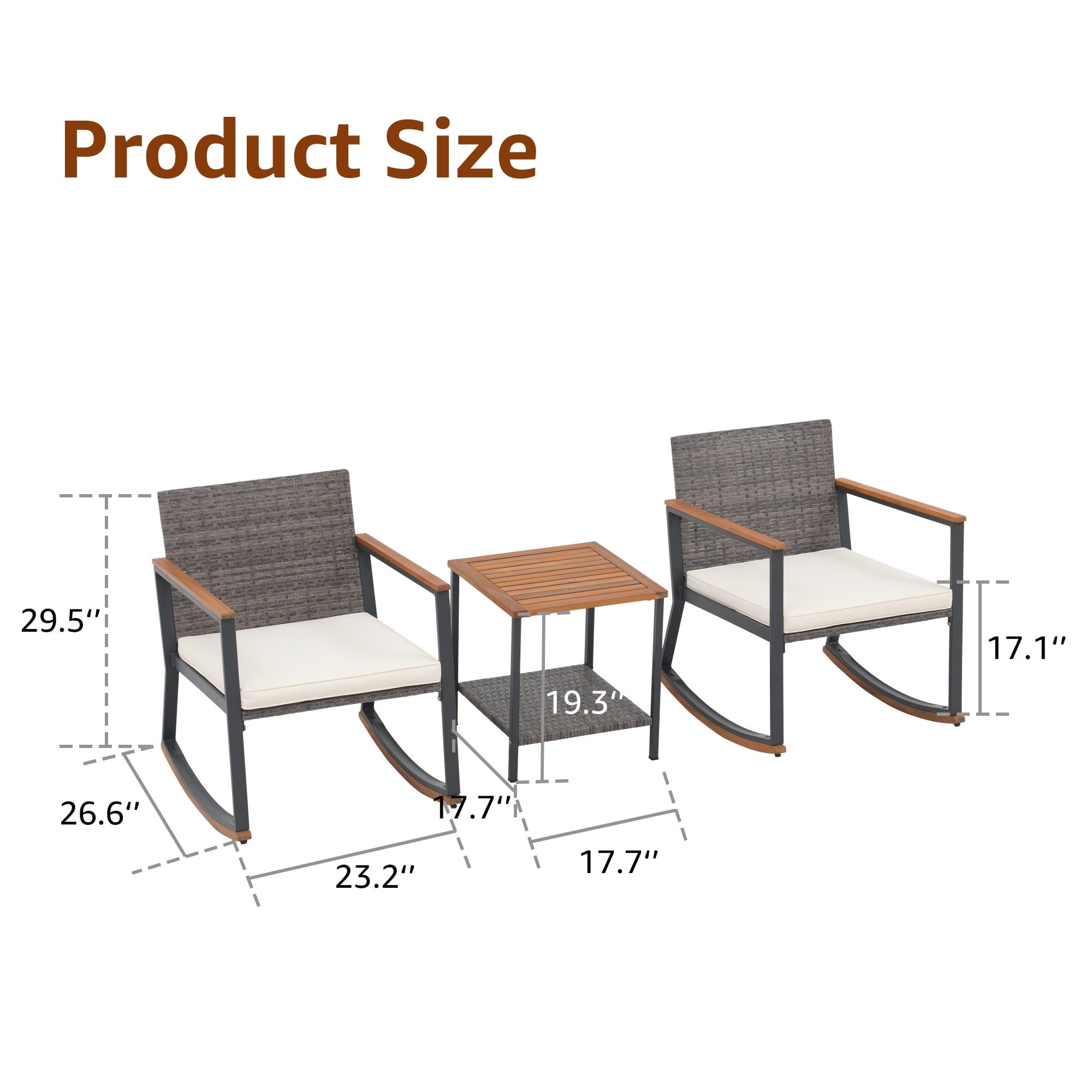Ensemble de 3 chaises à bascule d'extérieur en osier avec coussins