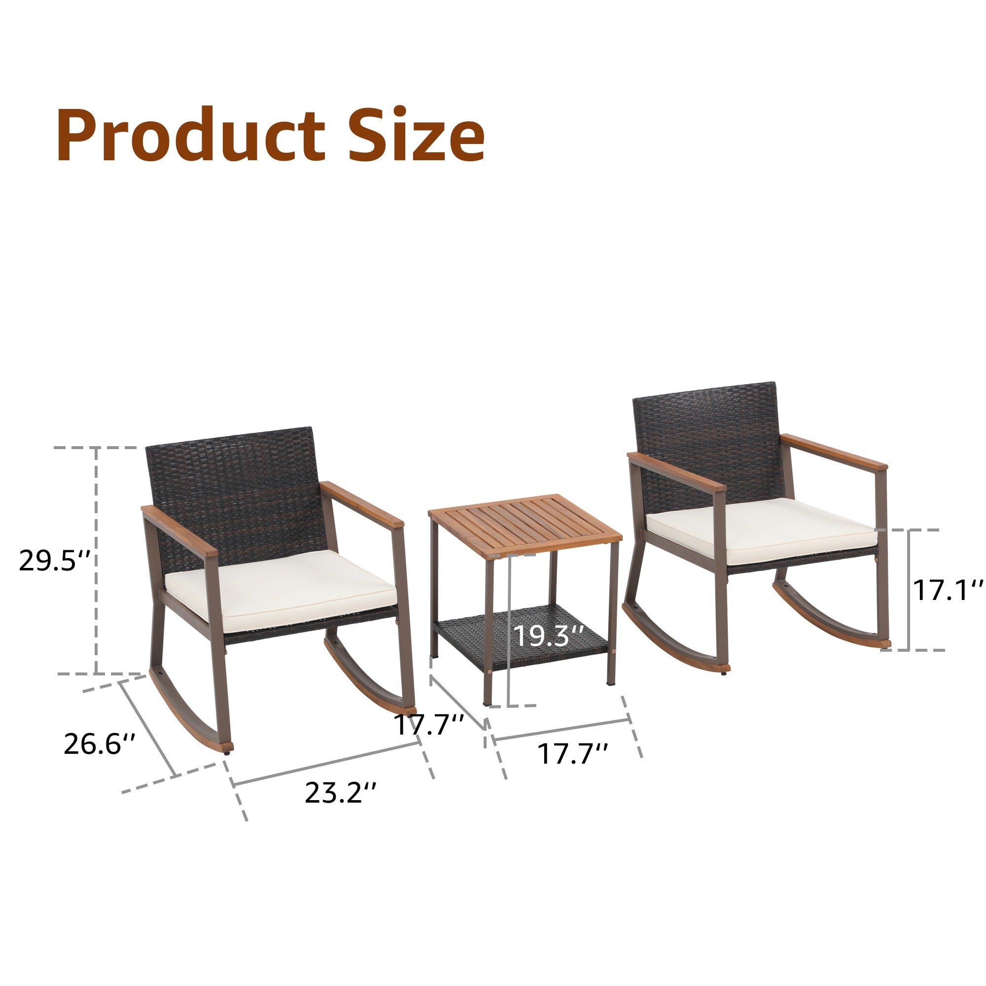 Ensemble de 3 chaises à bascule d'extérieur en osier avec coussins