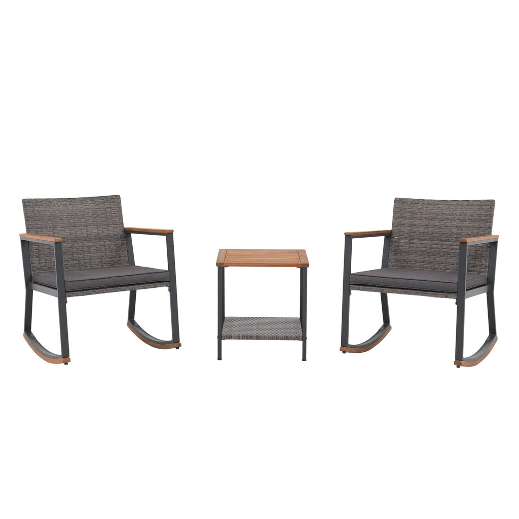 Ensemble de 3 chaises à bascule d'extérieur en osier avec coussins