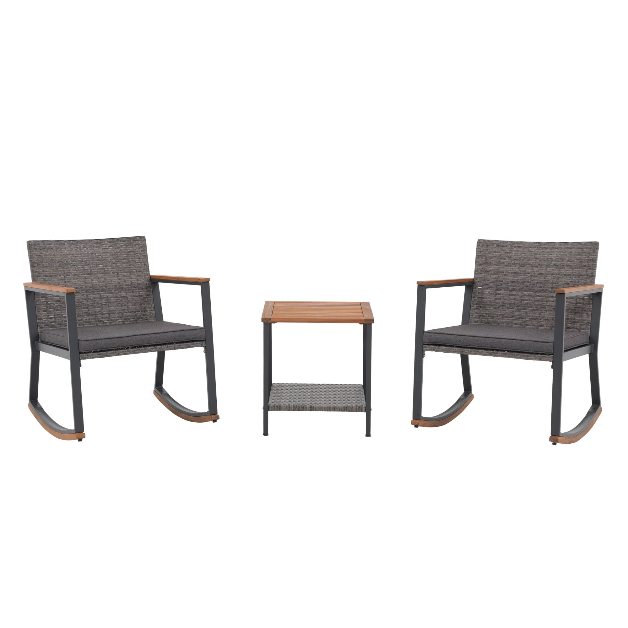 Ensemble de 3 chaises à bascule d'extérieur en osier avec coussins