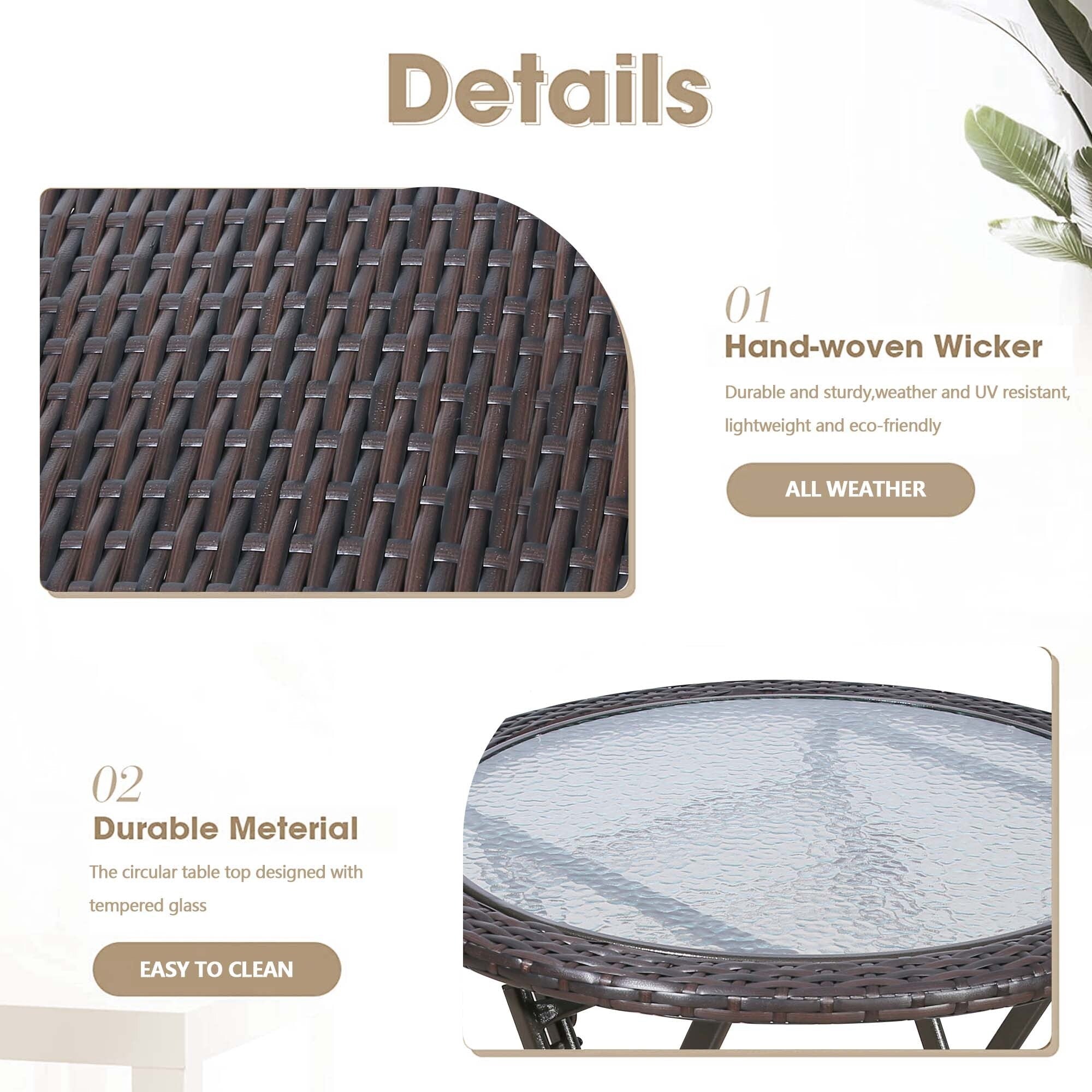 Ensemble de jardin en osier 3 pièces avec chaises de salle à manger et table de jardin pliante