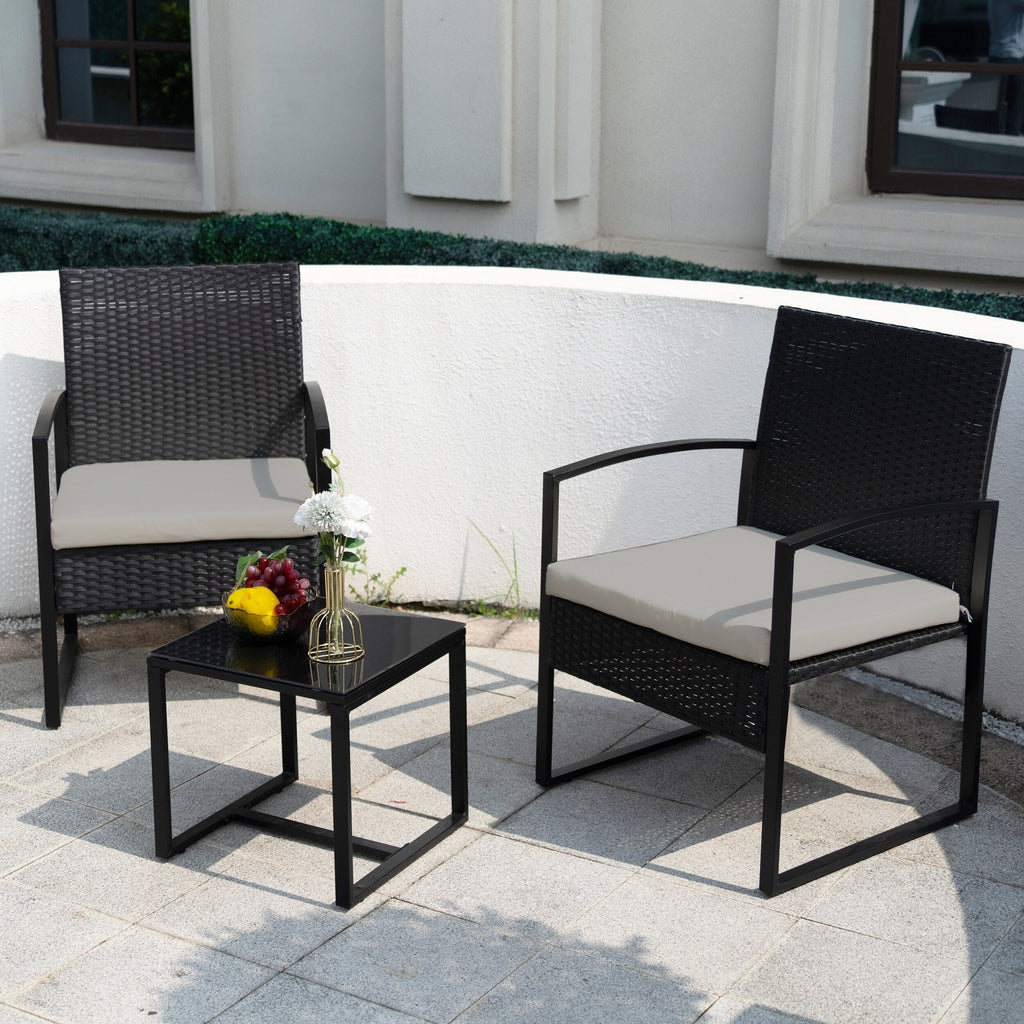 Ensemble de bistrot 3 pièces pour patio, mobilier d'extérieur avec table en verre et salon de jardin en rotin pour véranda, jardin et balcon