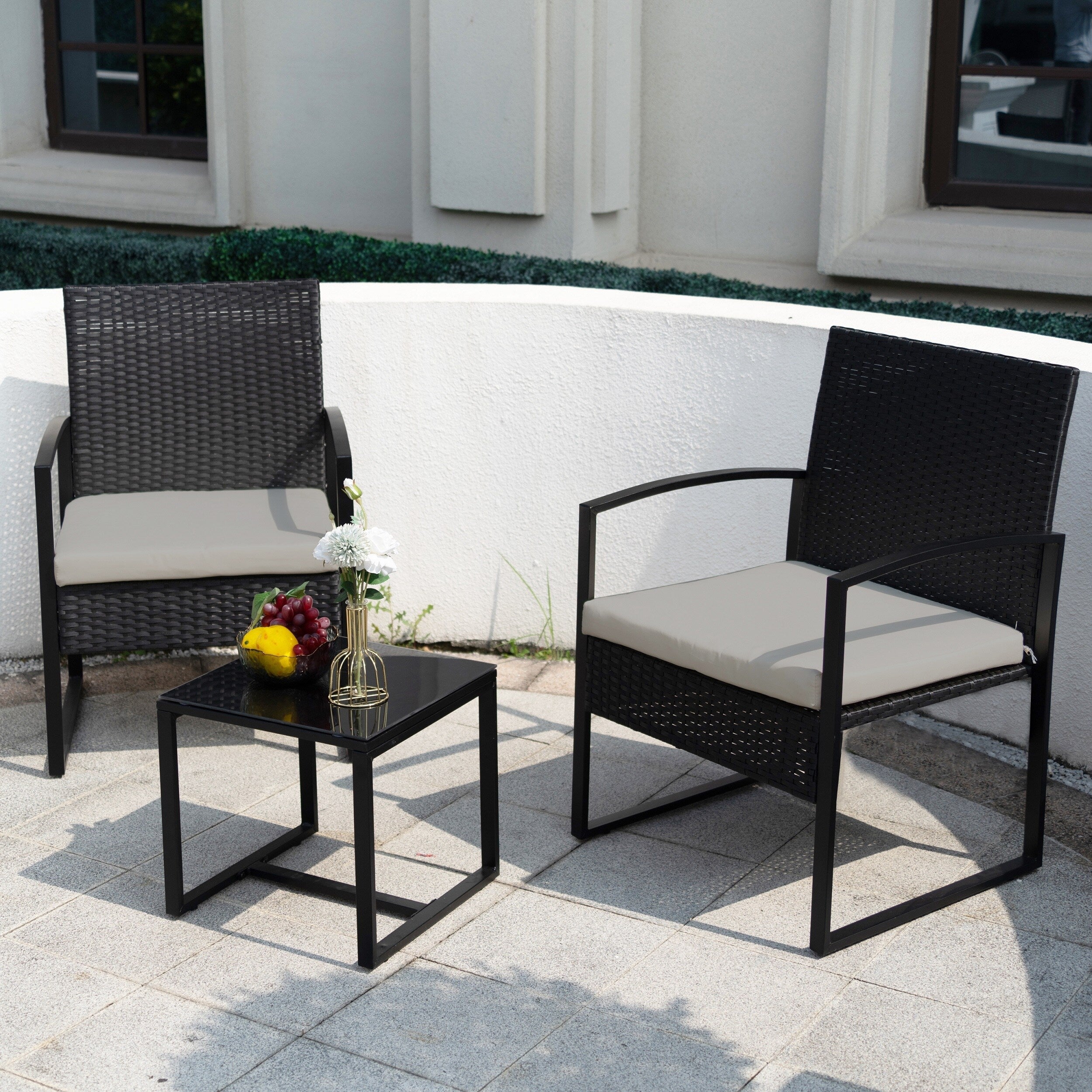 Ensemble de bistrot 3 pièces pour patio, mobilier d'extérieur avec table en verre et salon de jardin en rotin pour véranda, jardin et balcon