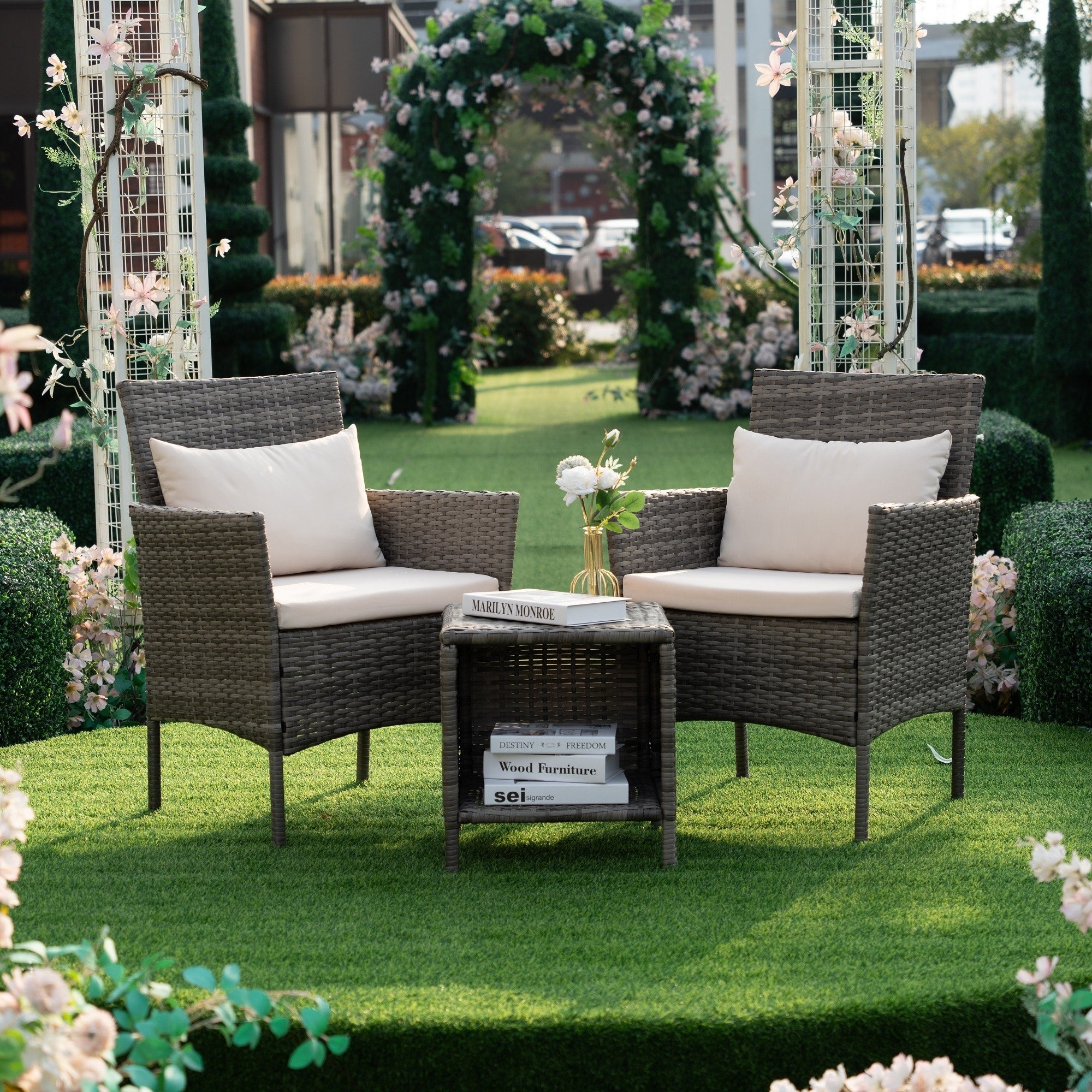 Ensemble de bistro de conversation de patio 3 pièces, meubles de conversation d'extérieur, chaises en osier et ensemble de table de rangement, ensemble de meubles de balcon de porche