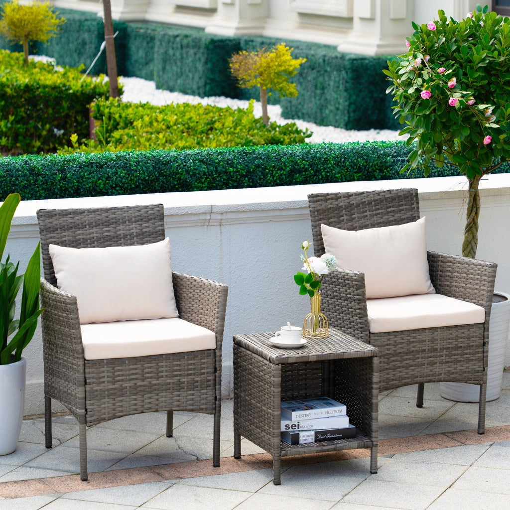 Ensemble de bistro de conversation de patio 3 pièces, meubles de conversation d'extérieur, chaises en osier et ensemble de table de rangement, ensemble de meubles de balcon de porche