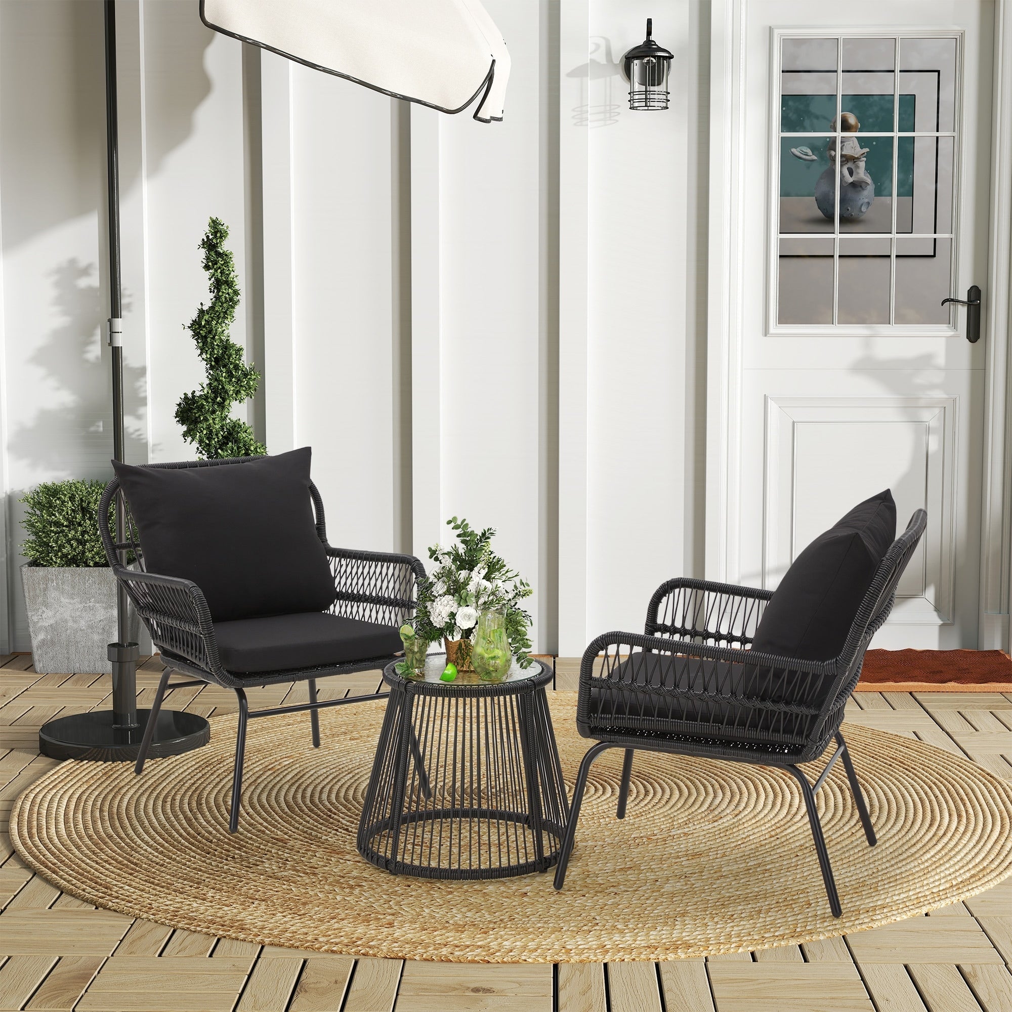 Ensemble de bistrot de jardin 3 pièces, mobilier d'extérieur en rotin avec table en verre, 2 fauteuils larges et coussins d'assise.