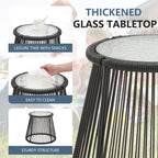 Ensemble de bistrot de jardin 3 pièces, mobilier d'extérieur en rotin avec table en verre, 2 fauteuils larges et coussins d'assise.