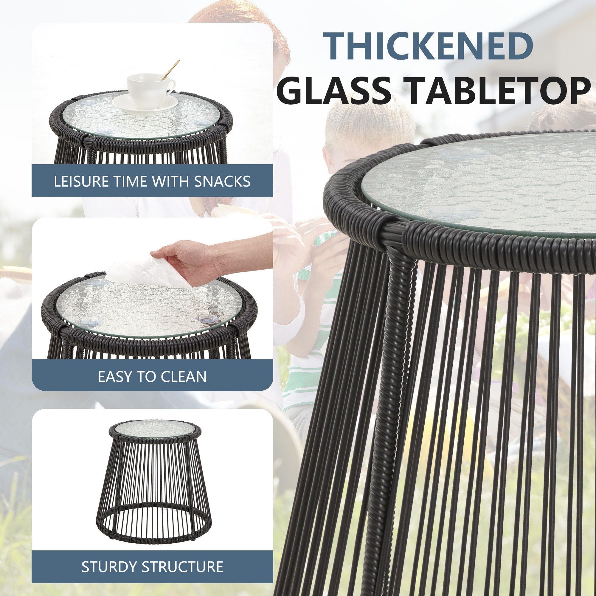 Ensemble de bistrot de jardin 3 pièces, mobilier d'extérieur en rotin avec table en verre, 2 fauteuils larges et coussins d'assise.