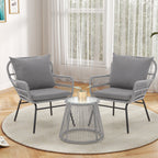 Ensemble de bistrot de jardin 3 pièces, mobilier d'extérieur en rotin avec table en verre, 2 fauteuils larges et coussins d'assise.