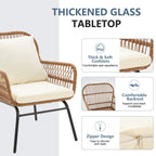 Ensemble de bistrot de jardin 3 pièces, mobilier d'extérieur en rotin avec table en verre, 2 fauteuils larges et coussins d'assise.