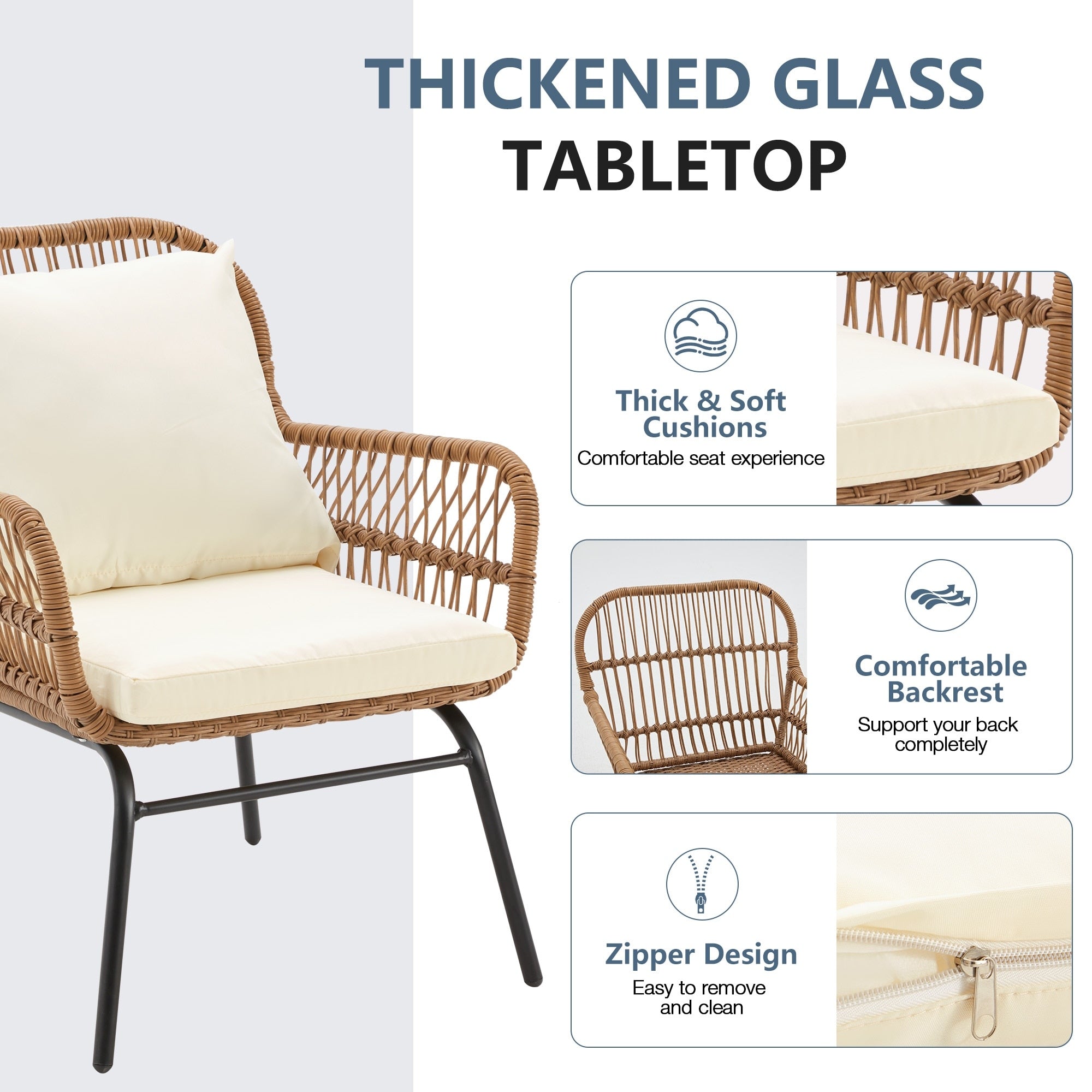 Ensemble de bistrot de jardin 3 pièces, mobilier d'extérieur en rotin avec table en verre, 2 fauteuils larges et coussins d'assise.