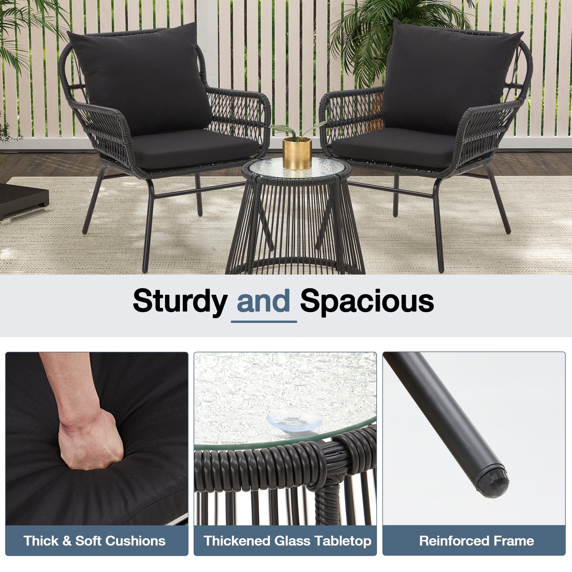 Ensemble de bistrot de jardin 3 pièces, mobilier d'extérieur en rotin avec table en verre, 2 fauteuils larges et coussins d'assise.