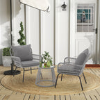 Ensemble de bistrot de jardin 3 pièces, mobilier d'extérieur en rotin avec table en verre, 2 fauteuils larges et coussins d'assise.