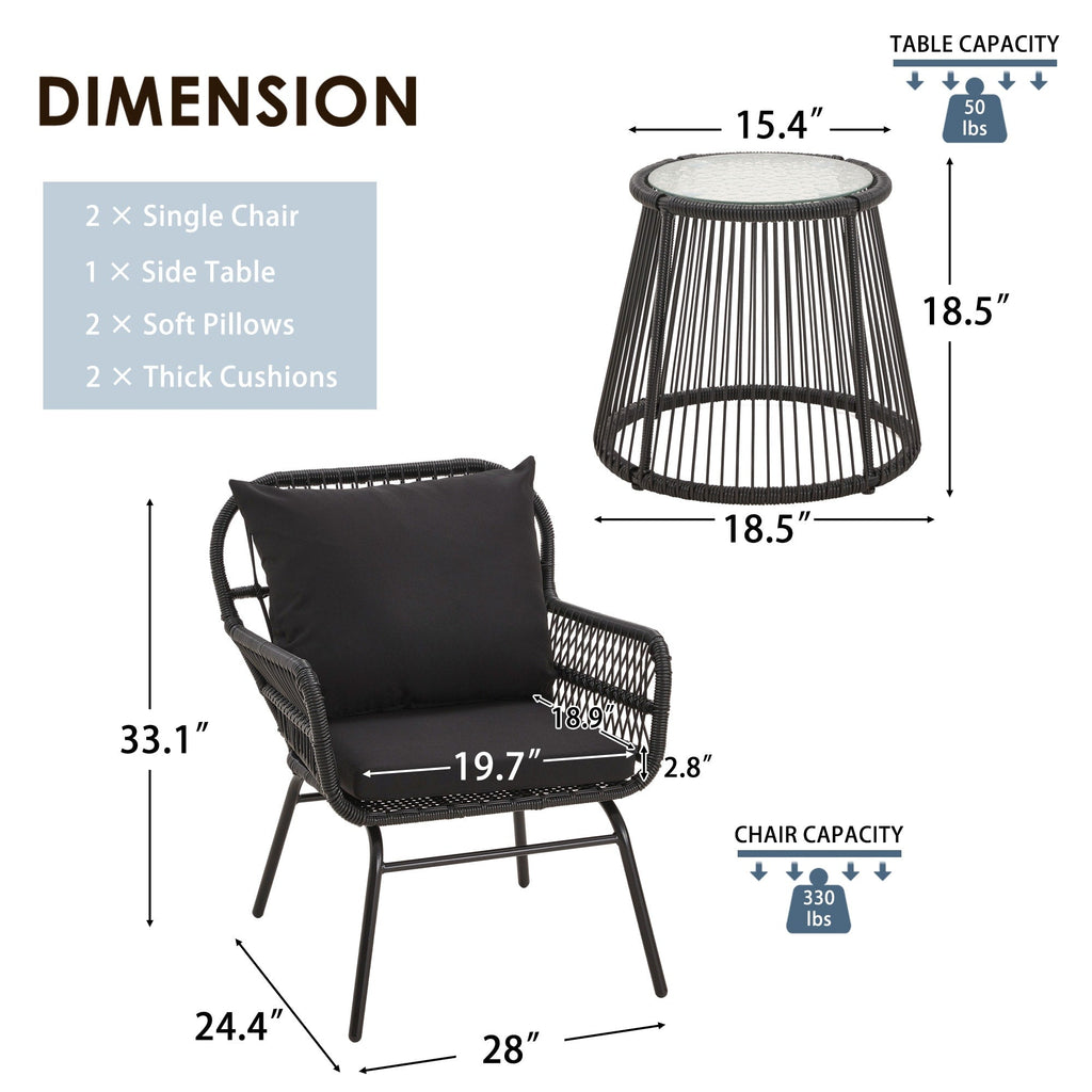 Ensemble de bistrot de jardin 3 pièces, mobilier d'extérieur en rotin avec table en verre, 2 fauteuils larges et coussins d'assise.