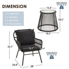 Ensemble de bistrot de jardin 3 pièces, mobilier d'extérieur en rotin avec table en verre, 2 fauteuils larges et coussins d'assise.