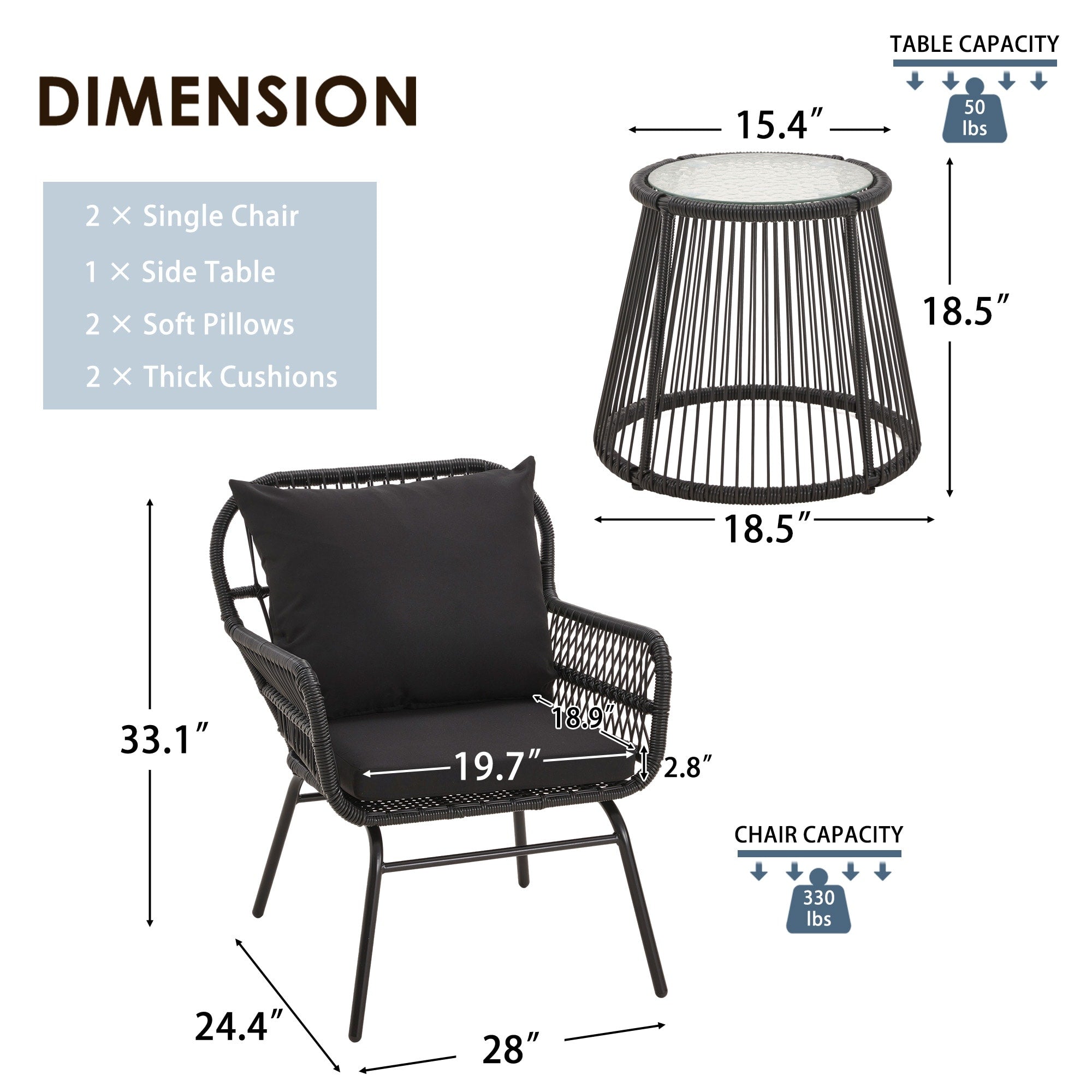 Ensemble de bistrot de jardin 3 pièces, mobilier d'extérieur en rotin avec table en verre, 2 fauteuils larges et coussins d'assise.