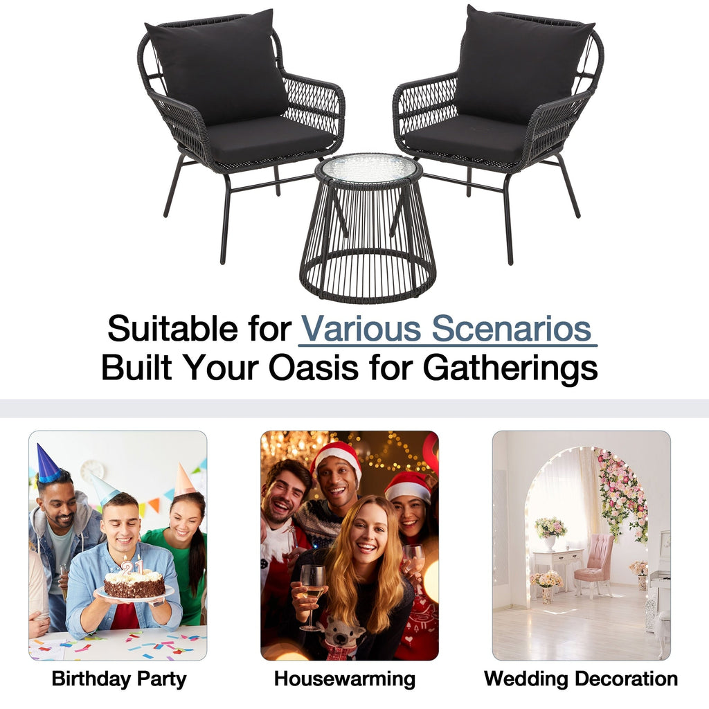 Ensemble de bistrot de jardin 3 pièces, mobilier d'extérieur en rotin avec table en verre, 2 fauteuils larges et coussins d'assise.