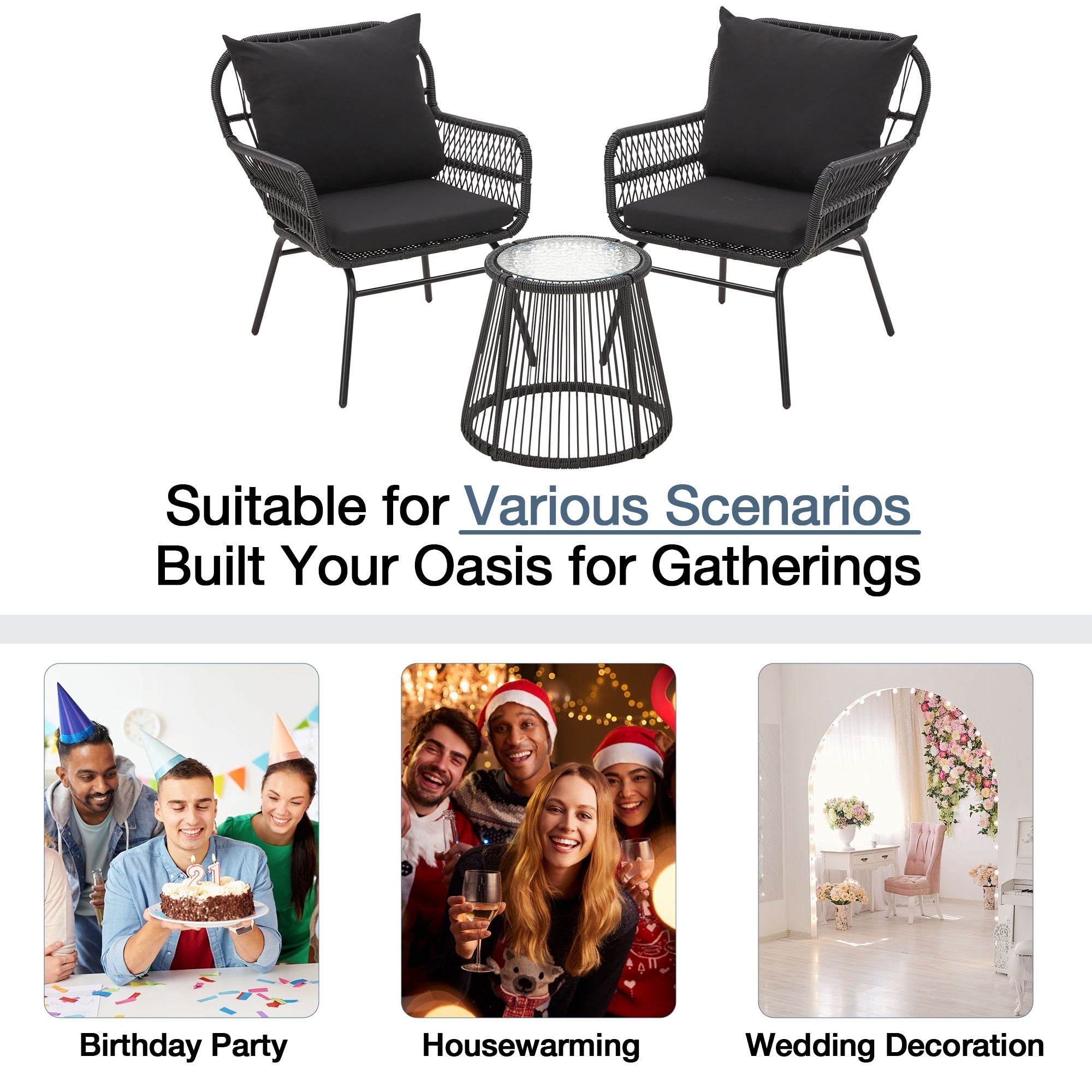 Ensemble de bistrot de jardin 3 pièces, mobilier d'extérieur en rotin avec table en verre, 2 fauteuils larges et coussins d'assise.