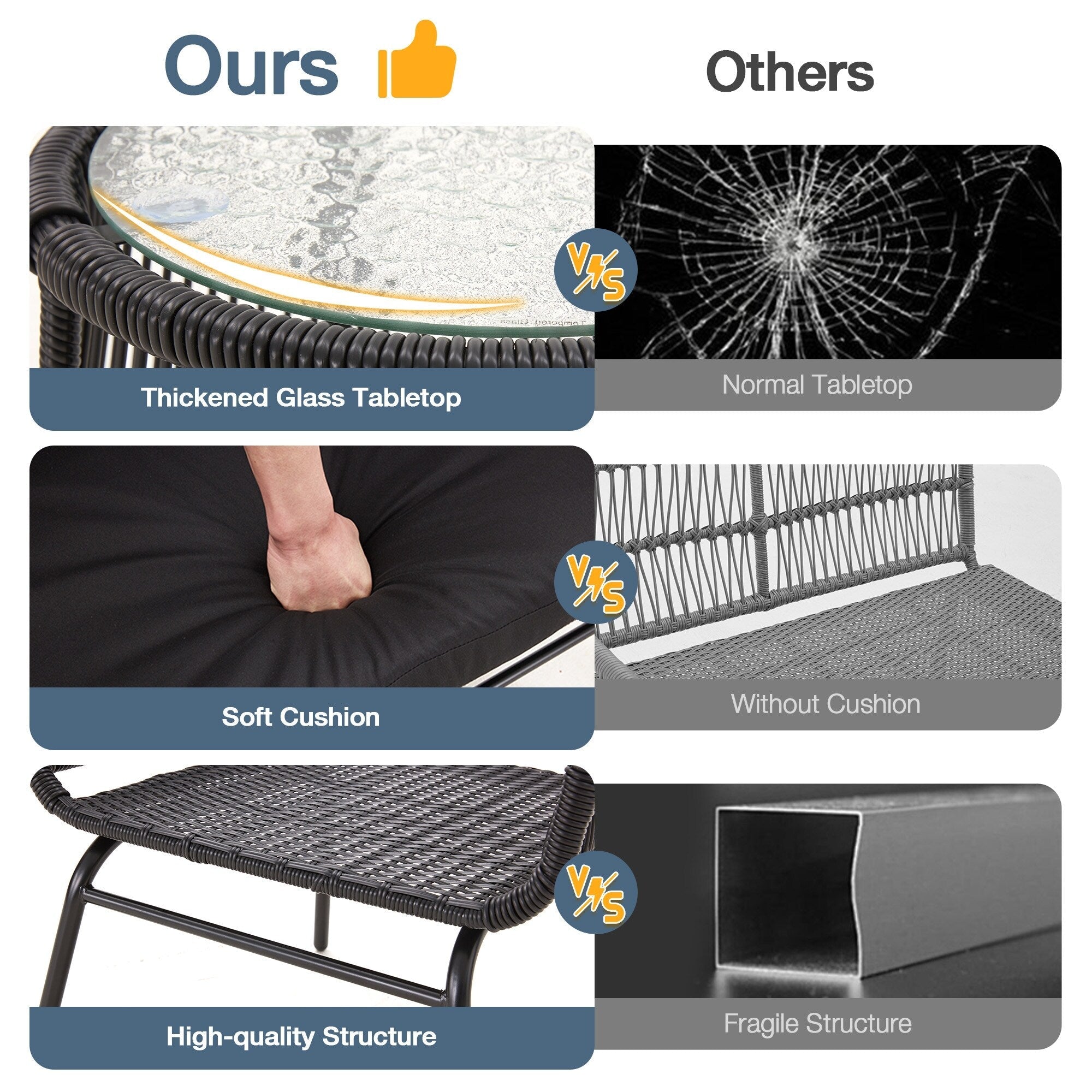 Ensemble de bistrot de jardin 3 pièces, mobilier d'extérieur en rotin avec table en verre, 2 fauteuils larges et coussins d'assise.