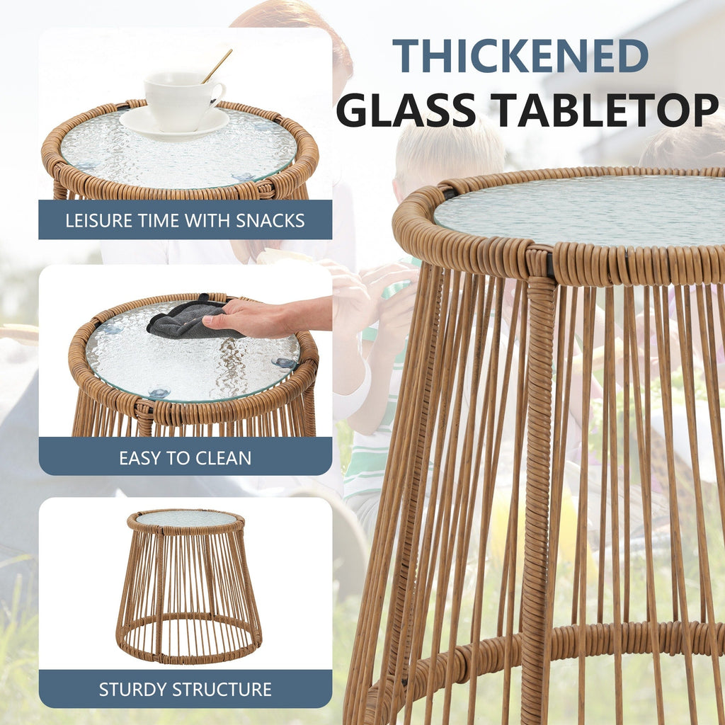 Ensemble de bistrot de jardin 3 pièces, mobilier d'extérieur en rotin avec table en verre, 2 fauteuils larges et coussins d'assise.