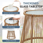 Ensemble de bistrot de jardin 3 pièces, mobilier d'extérieur en rotin avec table en verre, 2 fauteuils larges et coussins d'assise.