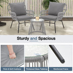 Ensemble de bistrot de jardin 3 pièces, mobilier d'extérieur en rotin avec table en verre, 2 fauteuils larges et coussins d'assise.