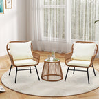 Ensemble de bistrot de jardin 3 pièces, mobilier d'extérieur en rotin avec table en verre, 2 fauteuils larges et coussins d'assise.