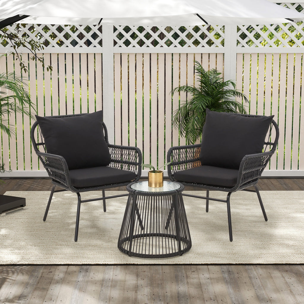 Ensemble de bistrot de jardin 3 pièces, mobilier d'extérieur en rotin avec table en verre, 2 fauteuils larges et coussins d'assise.