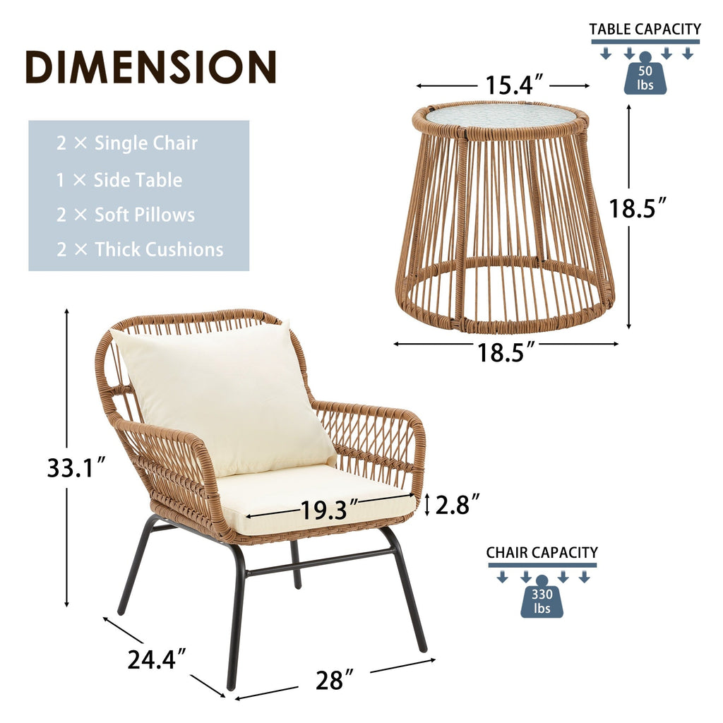 Ensemble de bistrot de jardin 3 pièces, mobilier d'extérieur en rotin avec table en verre, 2 fauteuils larges et coussins d'assise.
