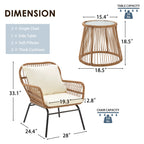 Ensemble de bistrot de jardin 3 pièces, mobilier d'extérieur en rotin avec table en verre, 2 fauteuils larges et coussins d'assise.