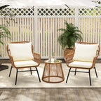 Ensemble de bistrot de jardin 3 pièces, mobilier d'extérieur en rotin avec table en verre, 2 fauteuils larges et coussins d'assise.