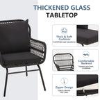 Ensemble de bistrot de jardin 3 pièces, mobilier d'extérieur en rotin avec table en verre, 2 fauteuils larges et coussins d'assise.