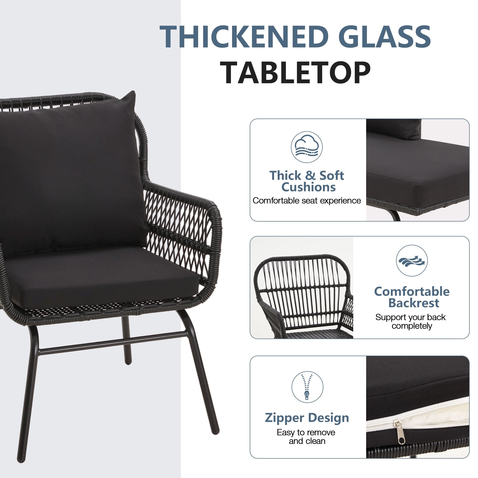 Ensemble de bistrot de jardin 3 pièces, mobilier d'extérieur en rotin avec table en verre, 2 fauteuils larges et coussins d'assise.