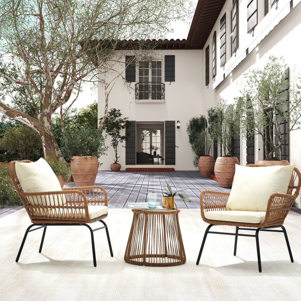 Ensemble de bistrot de jardin 3 pièces, mobilier d'extérieur en rotin avec table en verre, 2 fauteuils larges et coussins d'assise.