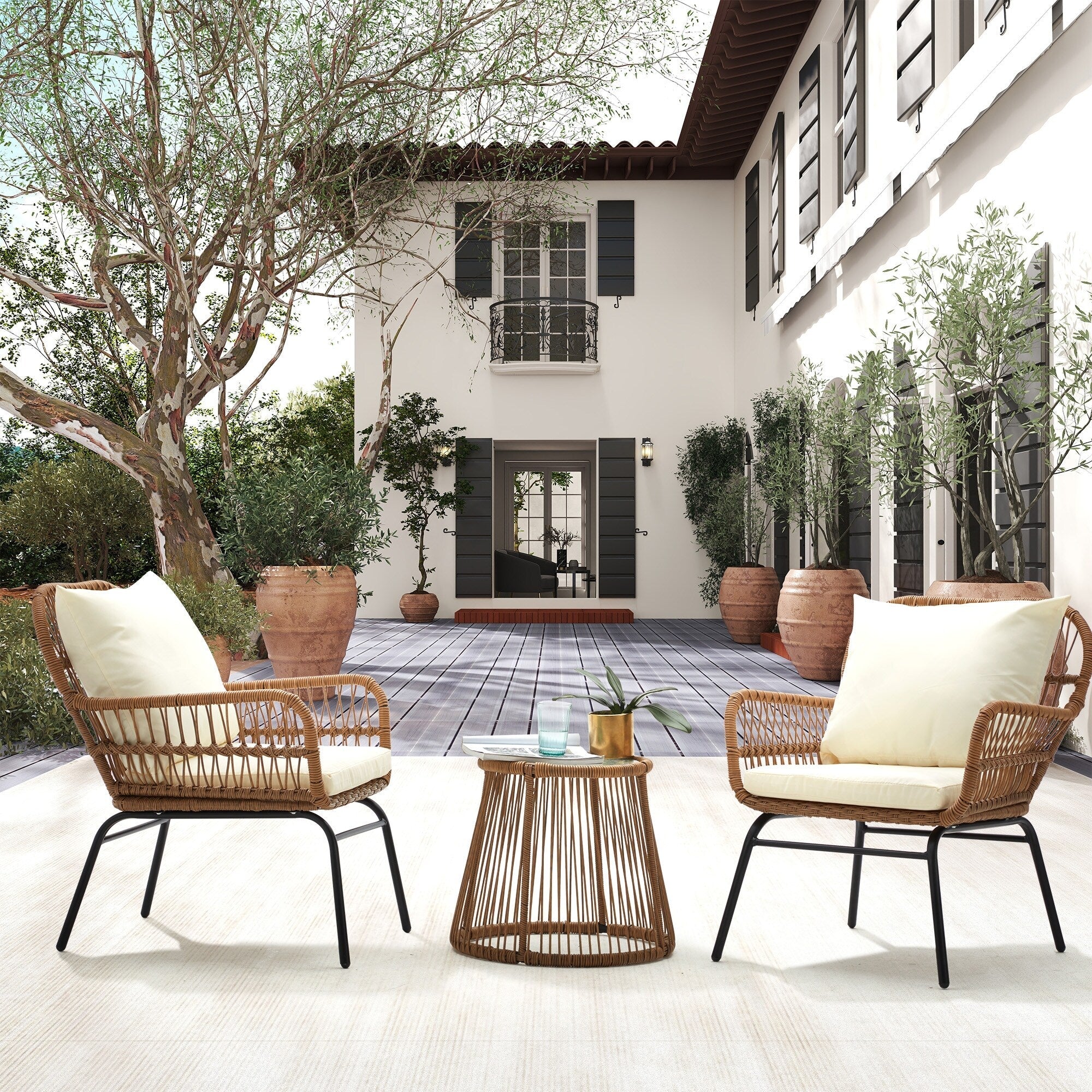 Ensemble de bistrot de jardin 3 pièces, mobilier d'extérieur en rotin avec table en verre, 2 fauteuils larges et coussins d'assise.