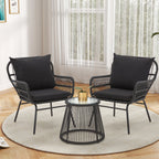 Ensemble de bistrot de jardin 3 pièces, mobilier d'extérieur en rotin avec table en verre, 2 fauteuils larges et coussins d'assise.